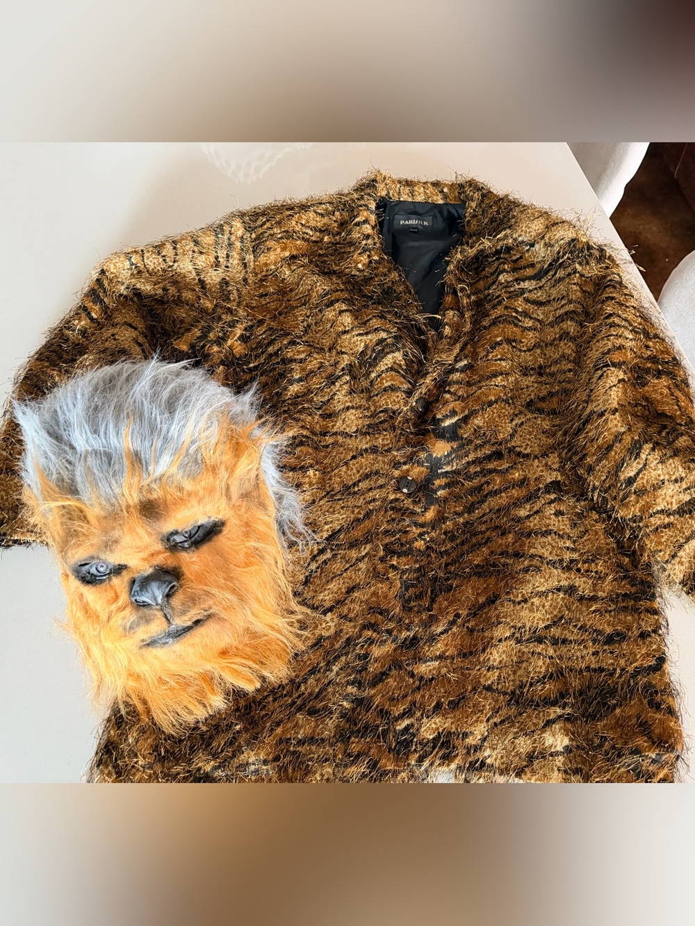 Chewbacca Mask and Faux Fur Tiger-Print Coat in Brown